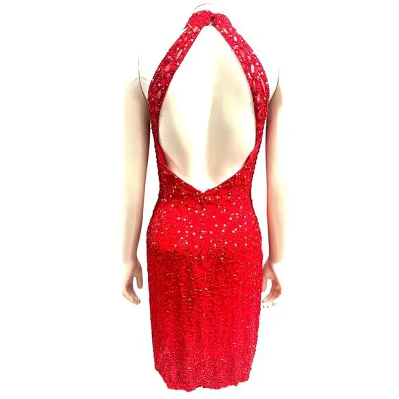 Niteline Della Roufogali Size 4 Red Beaded Silk Halter Open Back Gown Glamour - Picture 5 of 10